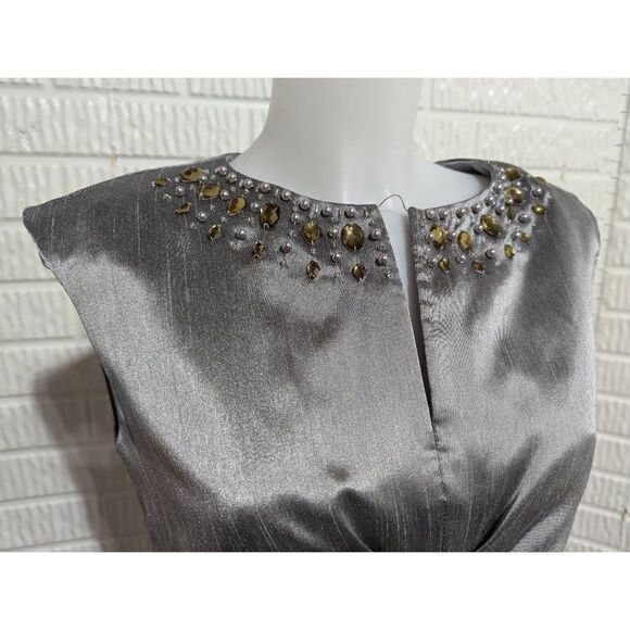 Jessica Howard Women's Silver Beaded Split Crew Neck Sheath Midi Dress Size 12 - Picture 3 of 6